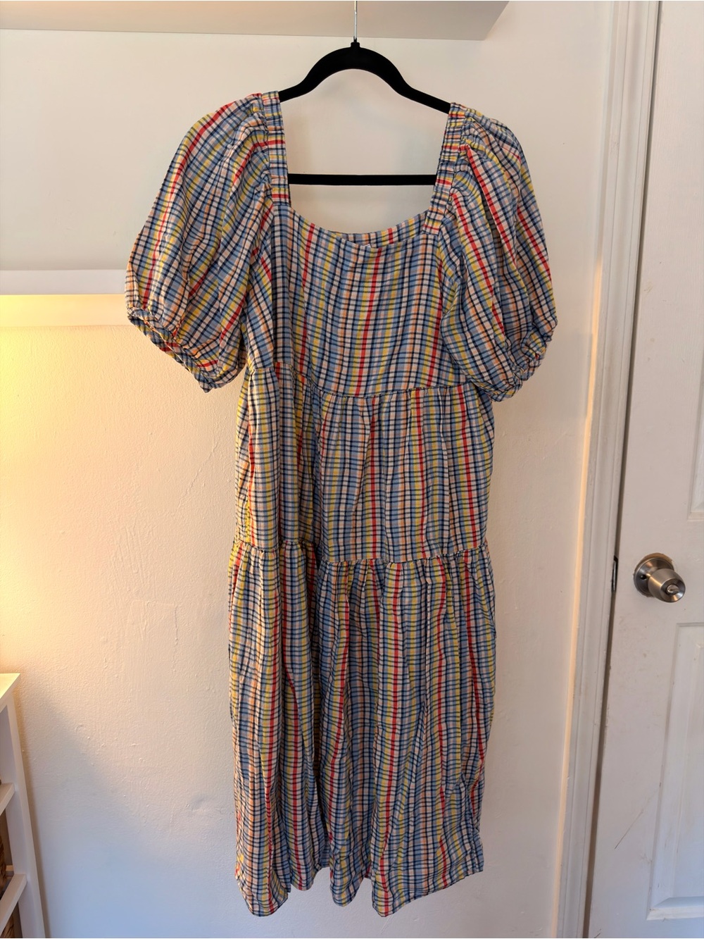 Old Navy Multicolor Plaid Puff-Sleeve Tiered Midi Dress